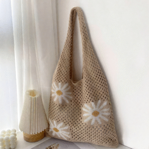 knitted tote bag:Explore this charming handmade mesh tote with daisy details—lightweight, breathable, and perfect for summer styling.