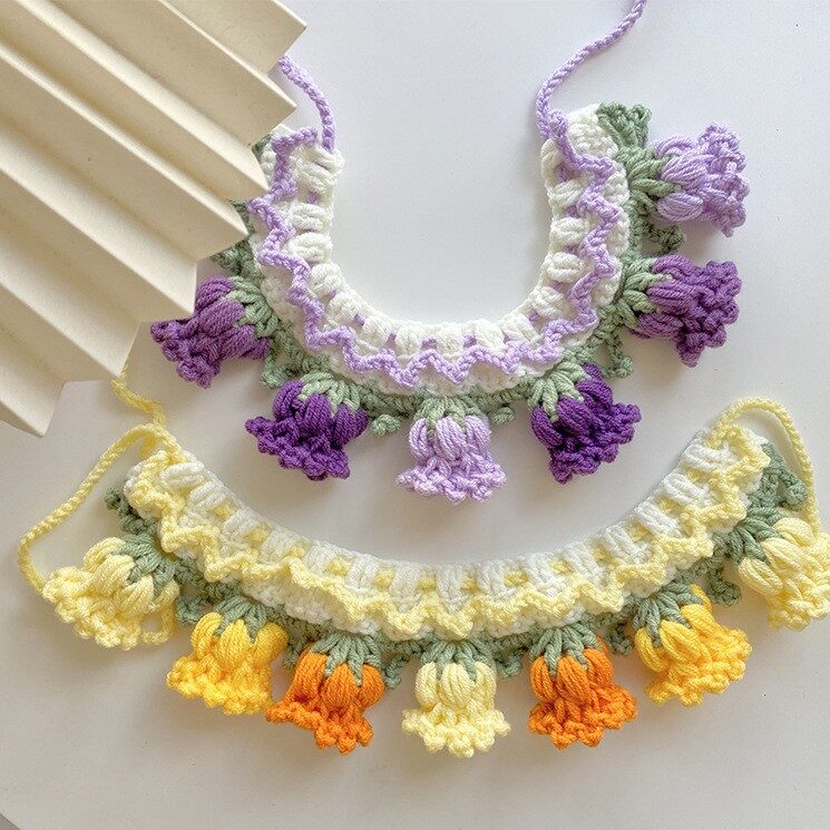 Hand-Knitted Bellflower Pet Collar and Bib – Cute Gradient Knit Photo Prop for Cats & Small Dogs – Adjustable Tie-Back Pet Accessory in XS to L