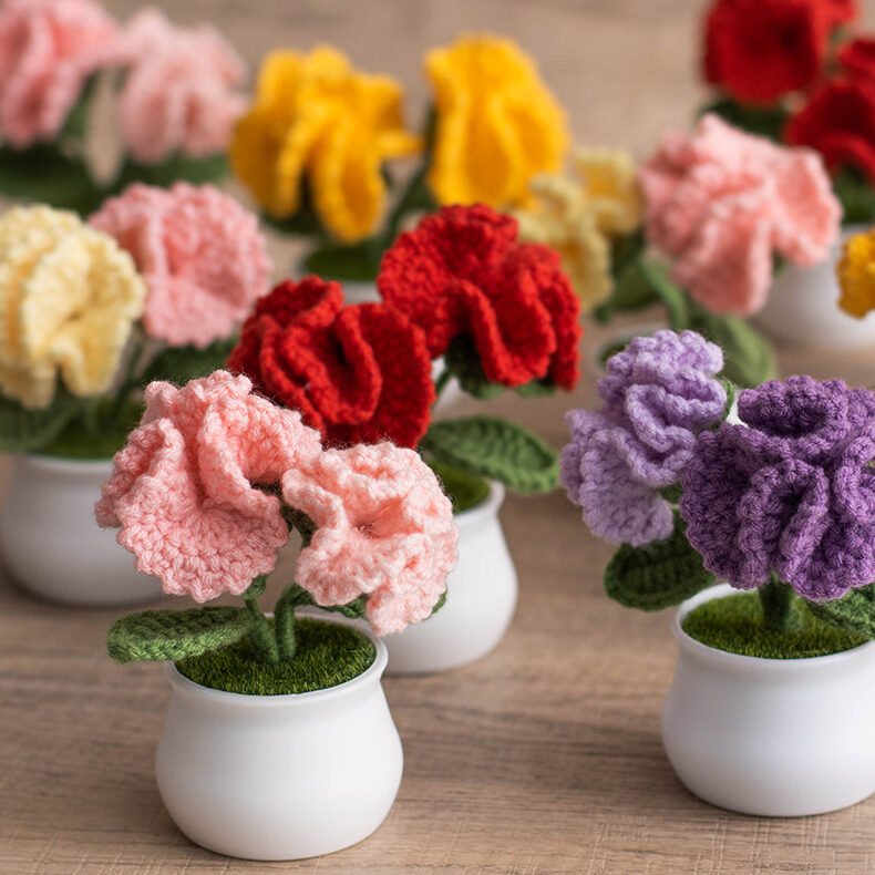 Handmade Crochet Double Carnation Potted Plants – Elegant Yarn Flower Ornaments for Festive Gifting and Home Décor