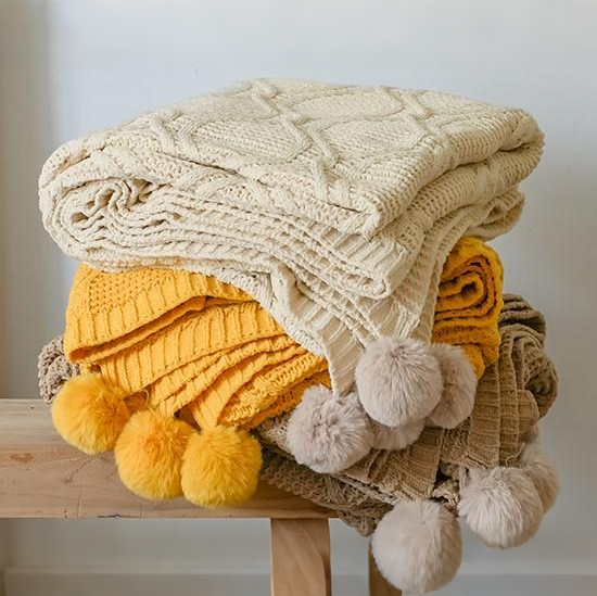 Minimalist Hand-Knitted Throw Blanket with Pom-Pom Corners – 3 Solid Colors – Cozy Soft Decorative Sofa or Bed End Cover