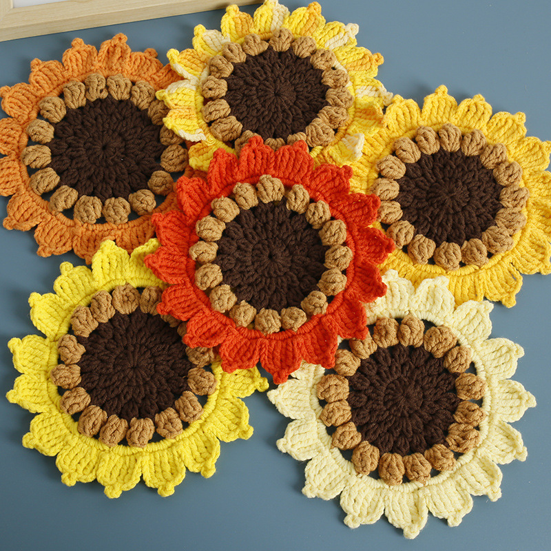 Handmade Crochet Sunflower Coasters Set of 6 – Bright Rustic Farmhouse Style Table Mats for Home & Kitchen