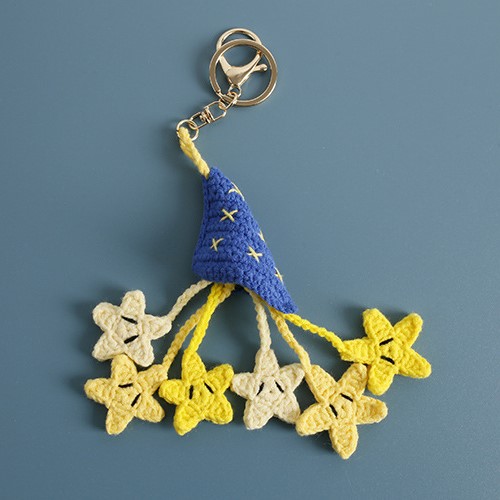 Handmade Crochet Star Keychain – Dark Blue Night Hat with 6 Hanging Stars – Cute Boho Bag Charm Gift
