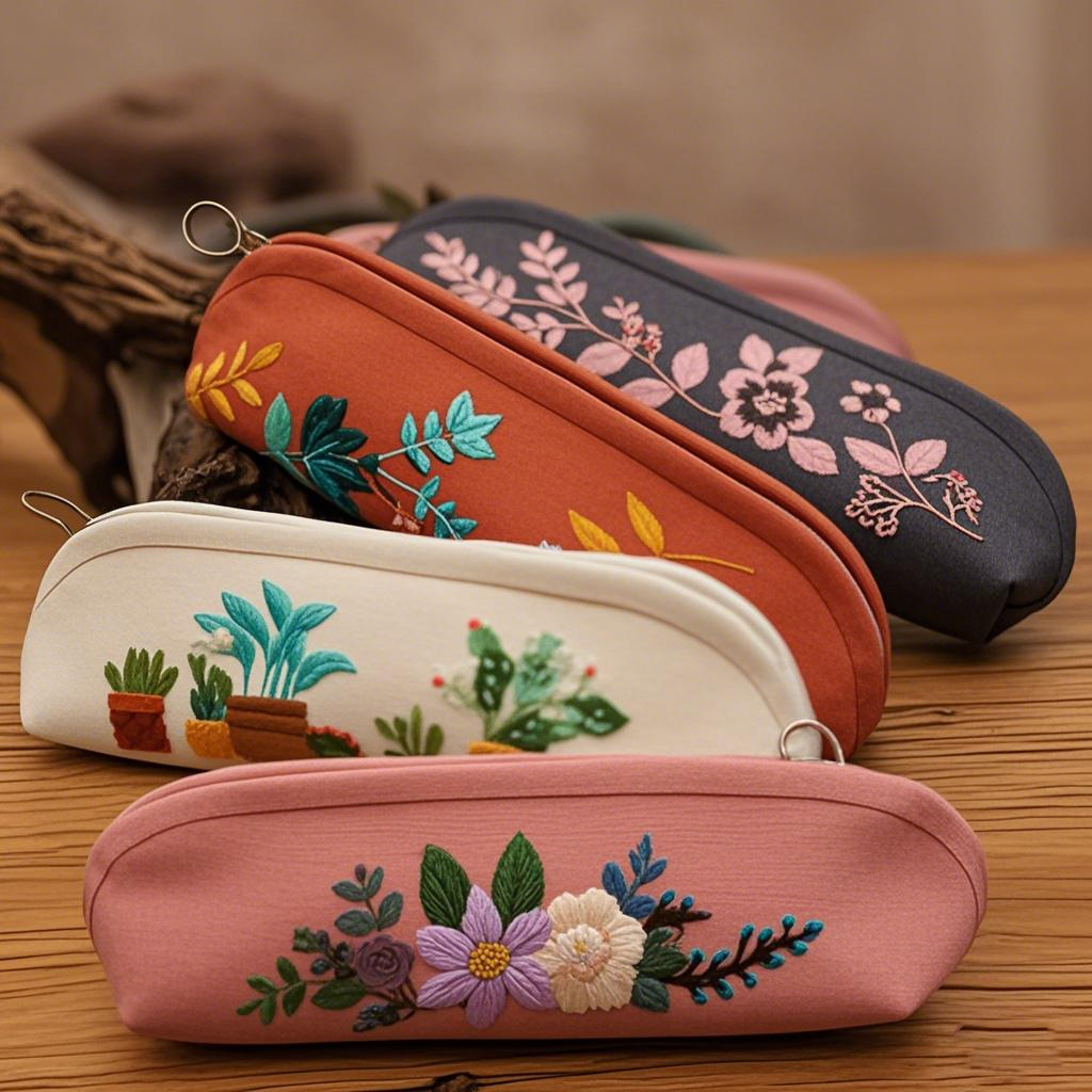 Handmade Embroidered Pencil Case Set with 6 Nature Inspired Designs, Multi Purpose Pouch for Stationery, Makeup or Jewelry Storage