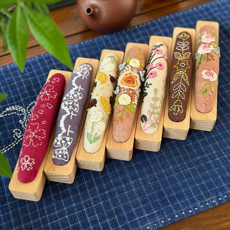 Handmade Wooden Embroidery Pincushion Set of 13 with Floral and Nature Designs, Unique Sewing Needle Holder for Beginners