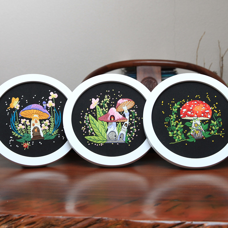 Magical DIY Embroidery Kit Forest Mushroom and Pumpkin House Hoop Wall Art Handmade Fairy Tale Style Home Decor Set of 5