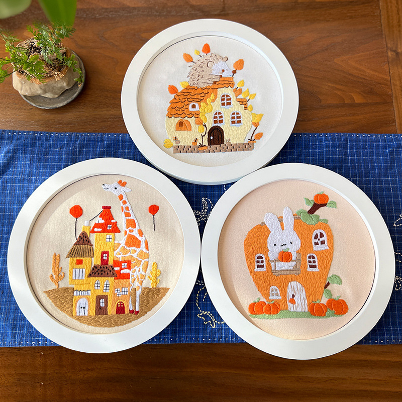 Adorable Animal DIY Embroidery Kit Set of 3 with Hedgehog House, Giraffe Fairy Tower, and Bunny Pumpkin Home Wall Art