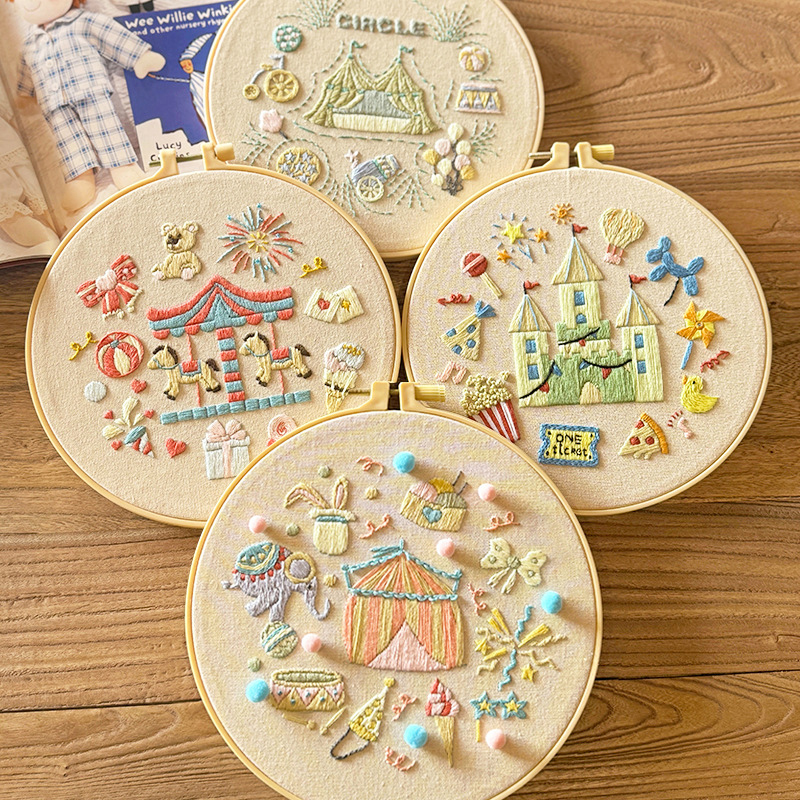 Magical Amusement Park DIY Embroidery Kit Set of 4 | Handmade Circus, Carousel, Castle and Fairground Designs for Beginners