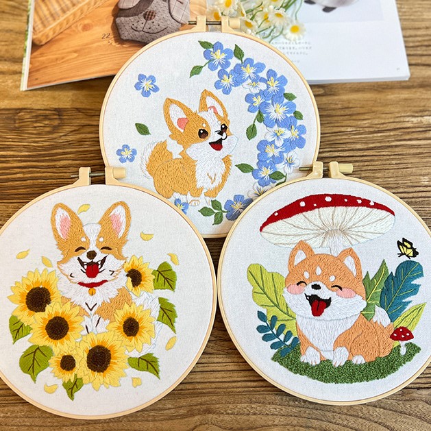 DIY Dog Embroidery Kit for Beginners with 3 Cute Dog Designs – Handmade Hoop Wall Art, Adorable Puppy Stitching Kit for Home Décor