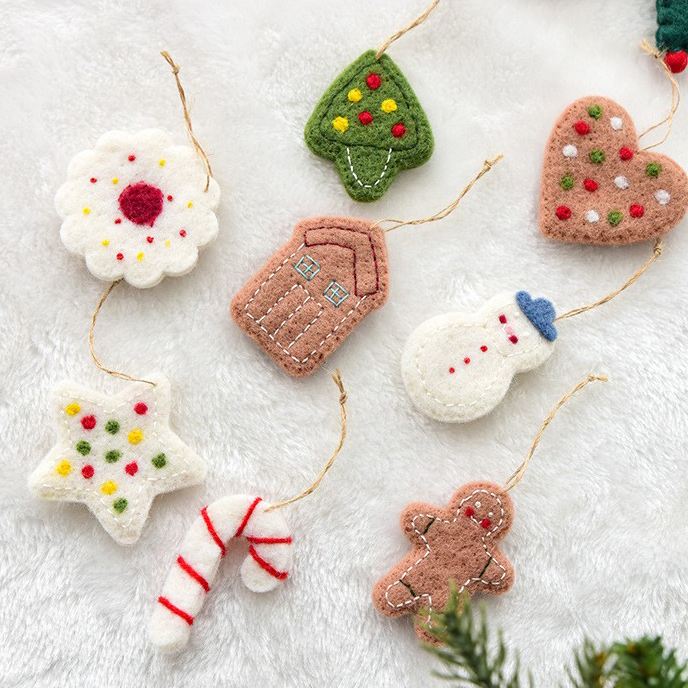 Handmade Wool Felt Gingerbread Christmas Ornaments Set of 10 with Cookies Tree Candy Cane Snowman Gift Box Holiday Decorations
