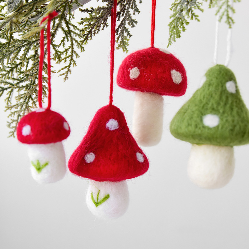 Handmade Mini Wool Felt Mushroom Christmas Ornaments Set of 6, Red and Green Holiday Tree Decorations with Hanging String