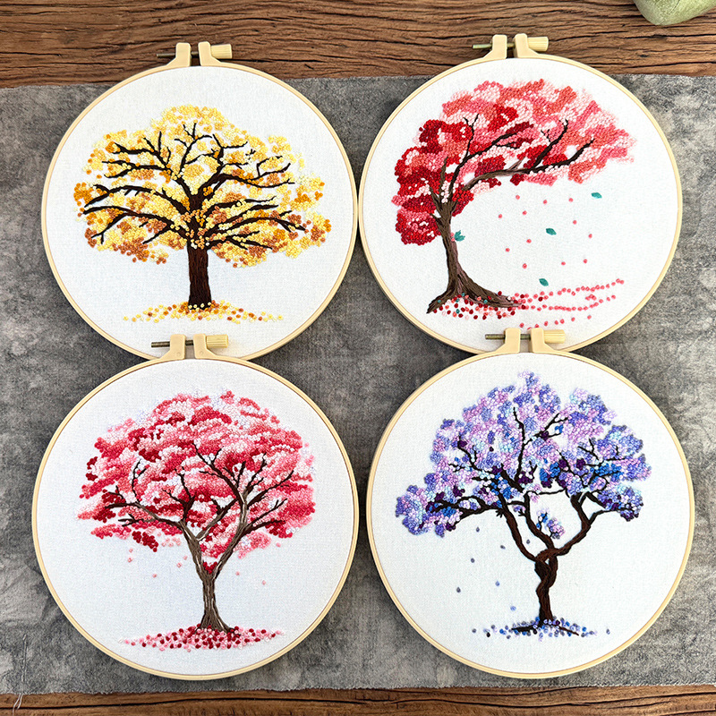 DIY Embroidery Kit for Beginners – 4 Stunning Tree Wall Art Designs with Bamboo Hoops, Simple and Relaxing Handmade Home Decor