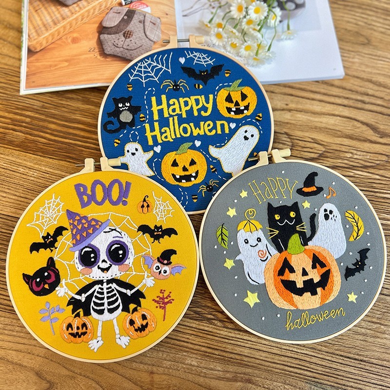 Enchanting Handmade Halloween Embroidery Kit Set of 6 – Cute Ghost, Pumpkin, Castle and Cat Hoop Wall Art for Festive DIY Décor