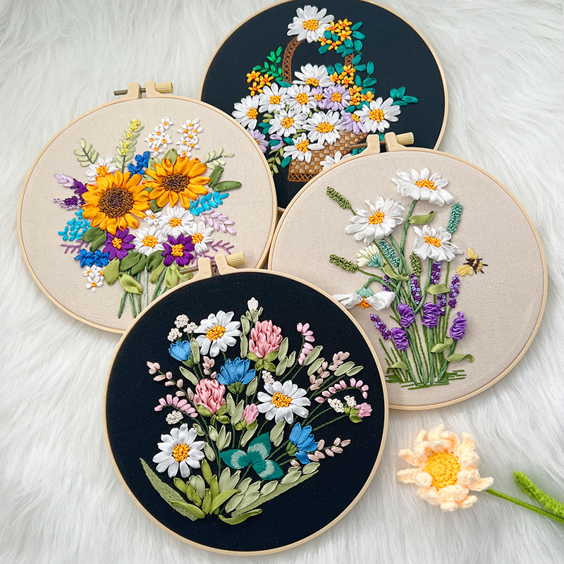 DIY Ribbon Floral Embroidery Kit with 4 Stunning Flower Designs – Handmade Floral Wall Art in Round Wooden Hoop for Home Décor and Gifts