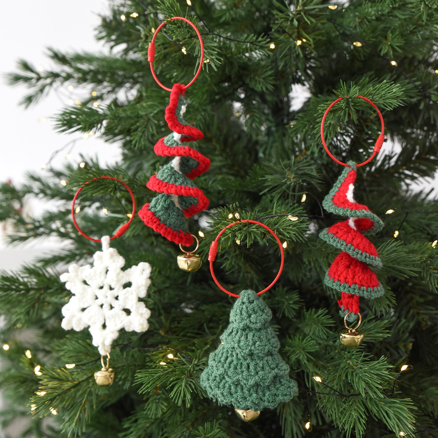 Handmade Crochet Christmas Ornaments Set of 4 with Bells – Wool Yarn Holiday Tree Decorations, Classic Snowflake and Mini Trees