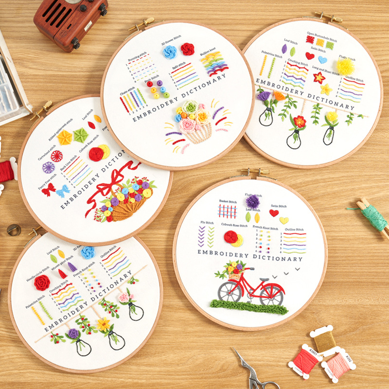 Embroidery Practice Kits for Beginners with 10 Cute Designs and Stitch Guide Samples, Easy DIY Needlework Starter Pack