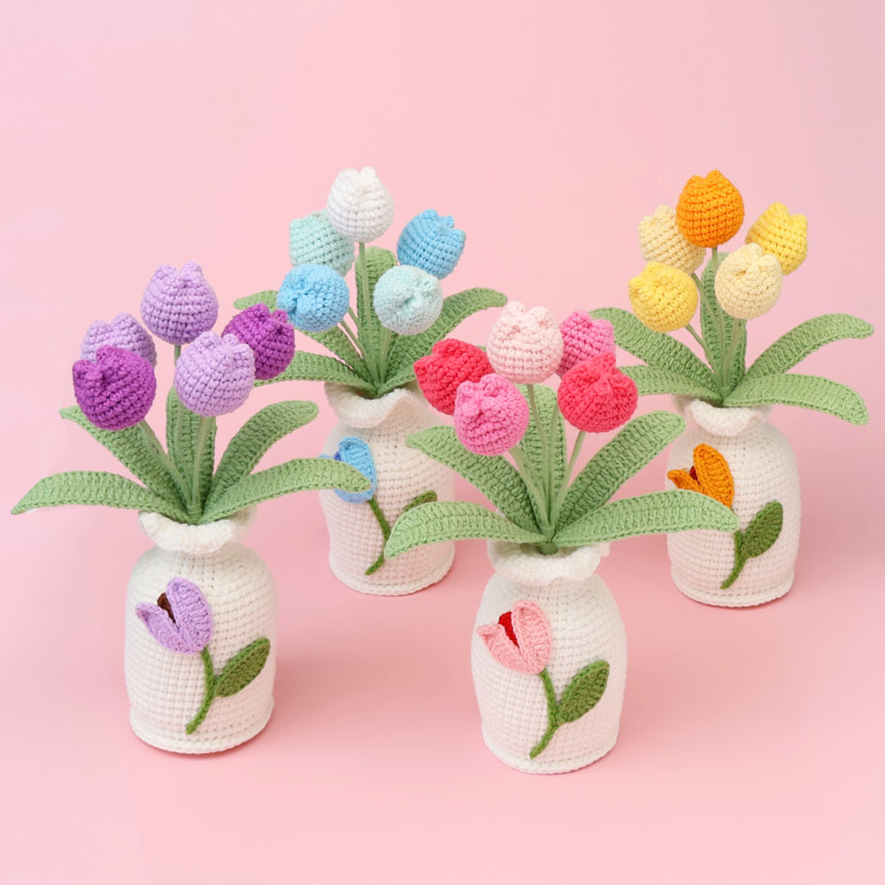 Handmade Crochet Tulip Flower Vase Decor Set of 13 | Knitted Yarn Potted Blooms with Heart Accents for Cozy Home or Gift