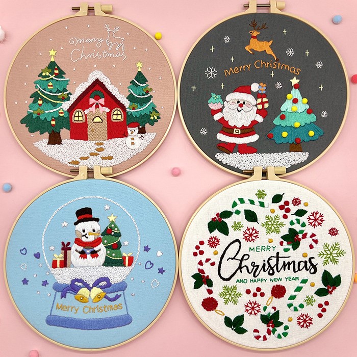 4 Christmas Hand Embroidery Kits for Beginners – Festive DIY Holiday Wall Decor in Round Hoops, Cute Snowman, Santa, Reindeer, and Wreath Designs