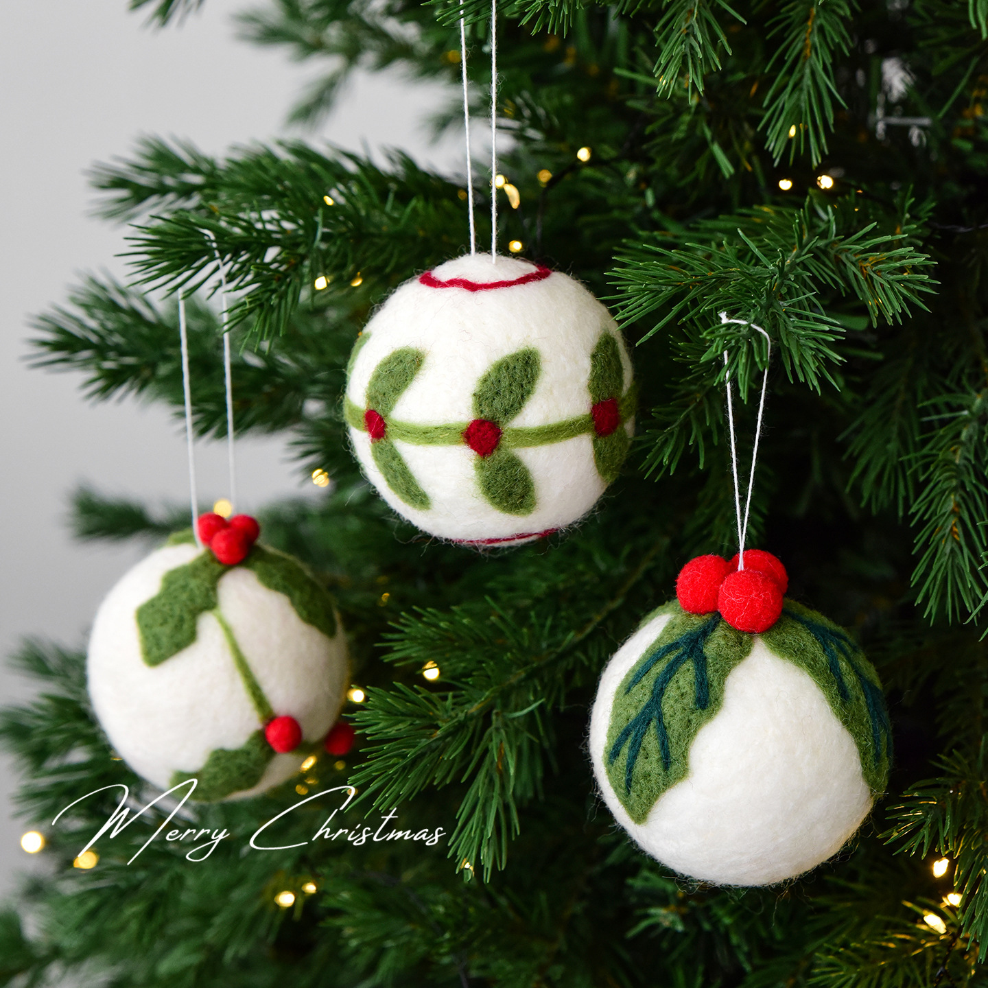 Handmade Wool Felt Christmas Balls Ornaments Set of 6, Red Green White Holiday Tree Decorations, Unique Festive Hanging Baubles 7cm