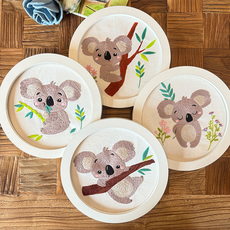 Adorable Koala DIY Embroidery Kit for Beginners Wall Art with 4 Cute Designs in Wooden Frames Simple and Powerful Handmade Decor