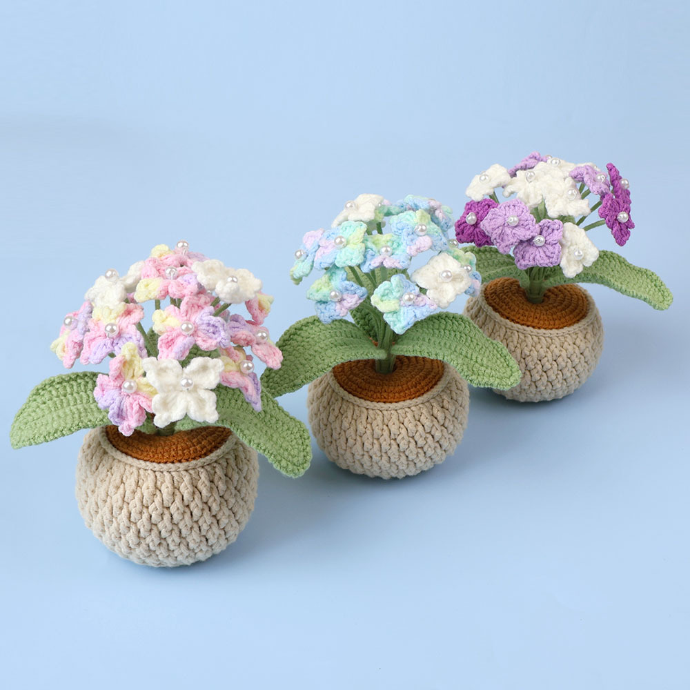 Handmade Crochet Hydrangea Potted Plant Decor – 3 Stunning Gradient Colors, Unique Yarn Art Gift for Home and Office