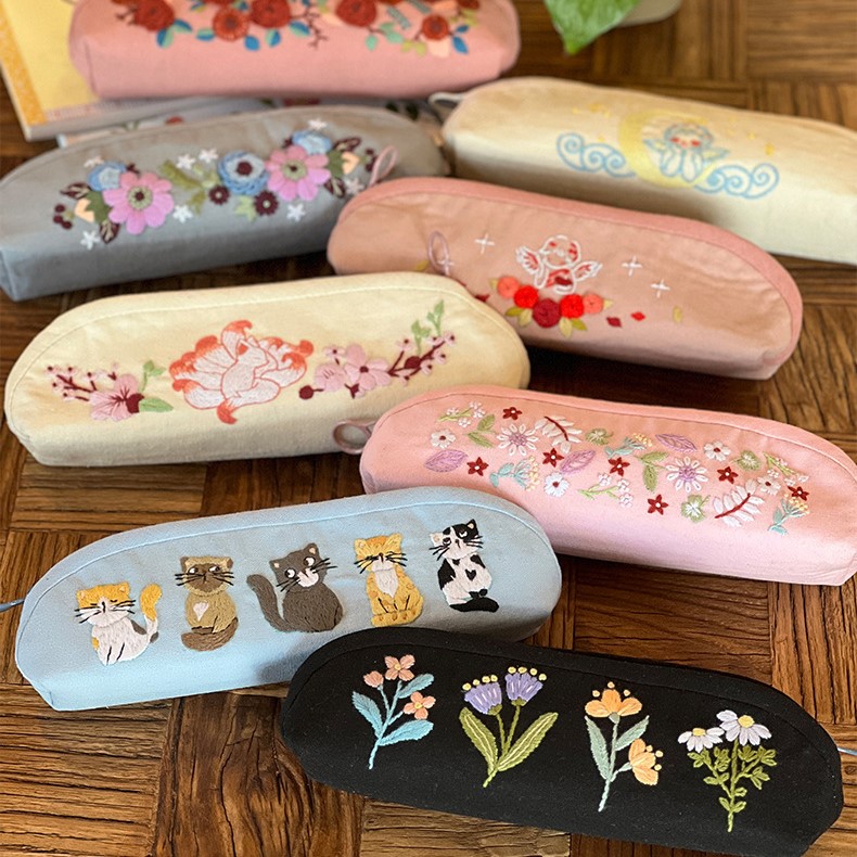Handmade Embroidered Pencil Cases Set of 7 Unique Designs with Cute Cartoon and Elegant Floral Patterns Zipper Pouch Gift