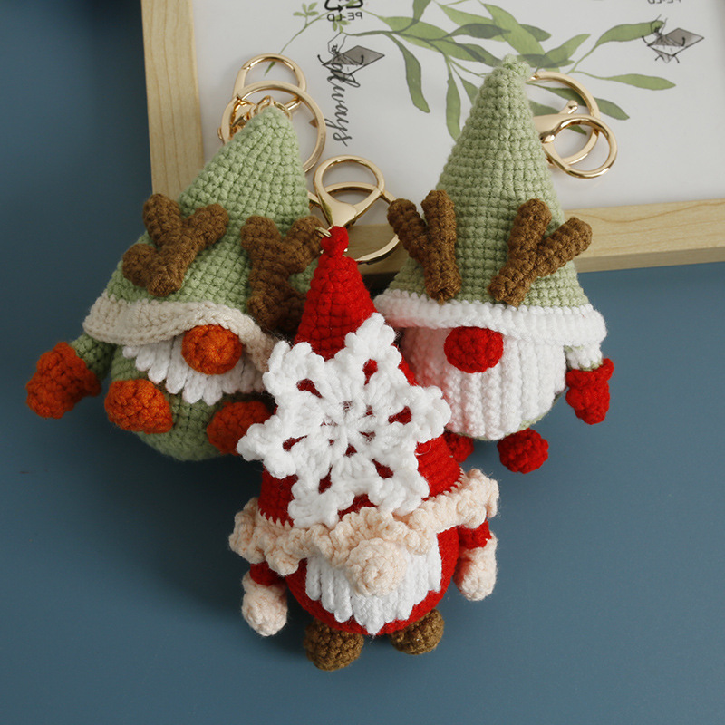 Magical Handmade Crochet Christmas Gnome Keychains Set of 3 – Festive Yarn Plush Ornaments with Antlers, Holiday Gift Idea