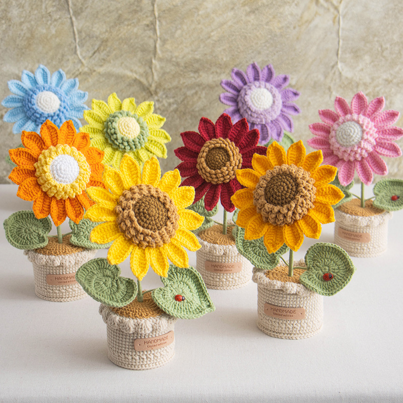 Handmade Crochet Sunflower Potted Plant Plush – 8 Stunning Colors, Decorative Knitted Flowers, Cute Eco-Friendly Gift