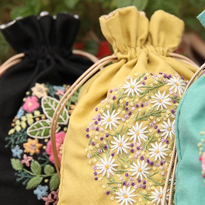 Hand Embroidery Drawstring Bag Kit with 5 Floral Designs, Premium DIY Sewing Material Pack, Beautiful Handmade Gift Idea