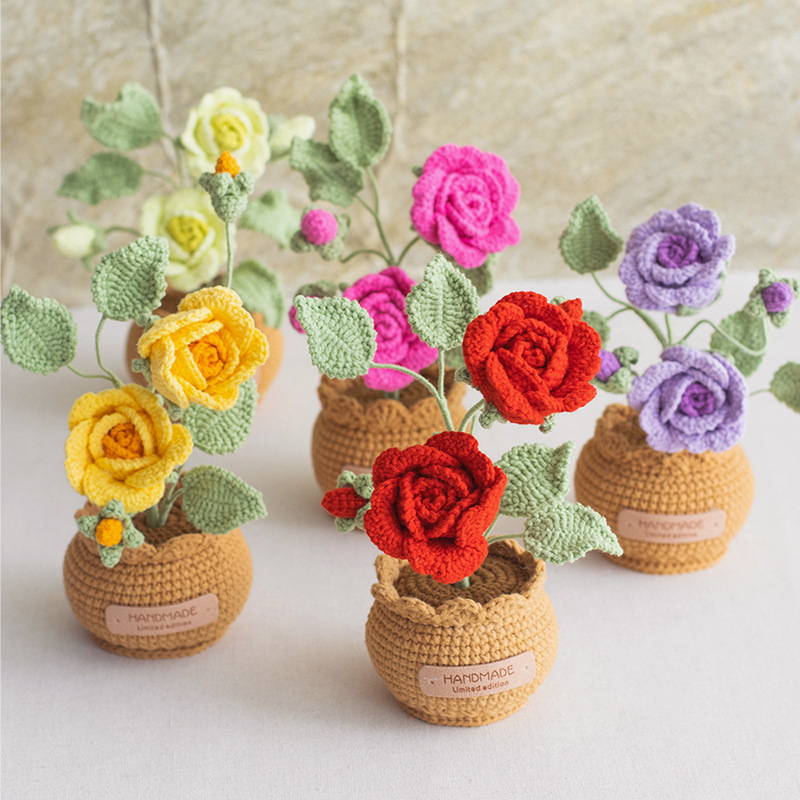 Handmade Crochet Rose Flower Potted Plant Decor with 6 Stunning Color Variations | Soft Yarn, Realistic Design, Timeless Gift