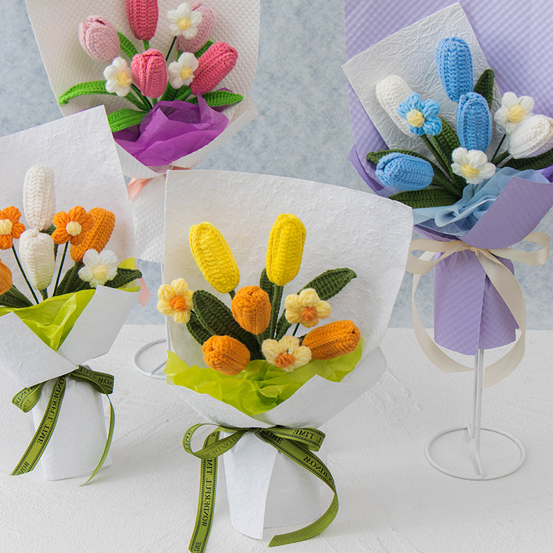 Handmade Crochet Tulip Bouquets with Elegant Gift Wrapping Romantic Floral Decor for Home Office Wedding Birthday
