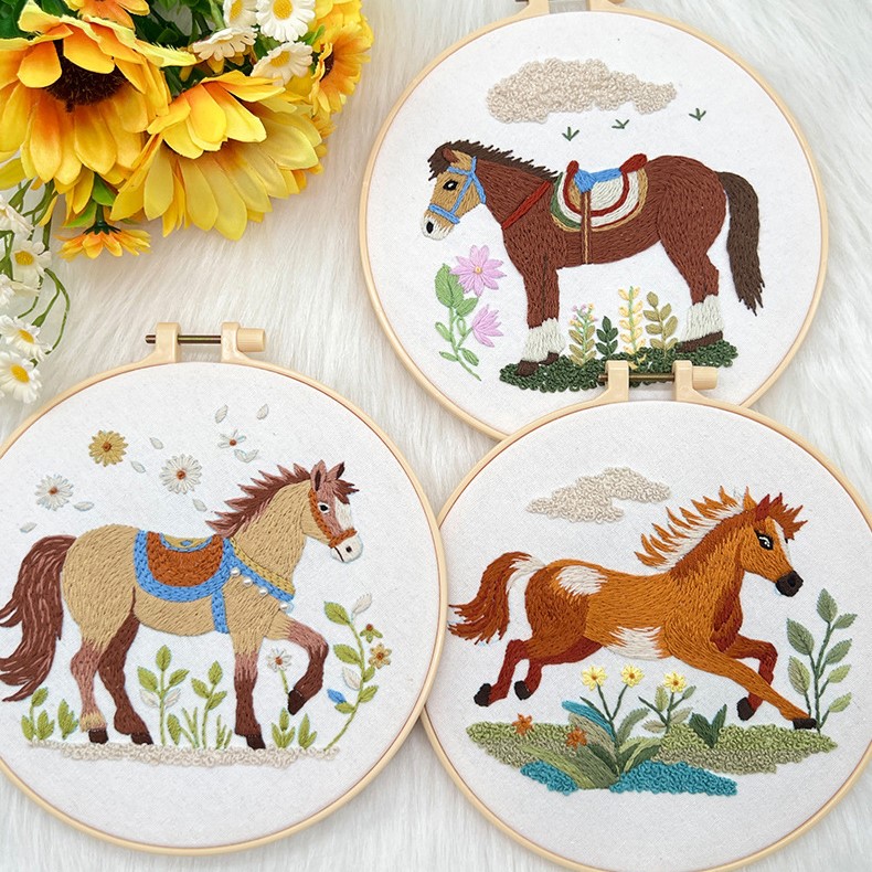 Adorable DIY Horse Embroidery Kit for Beginners – 3 Rustic Pony Wall Art Hoops, Handmade Needlework Gift Set