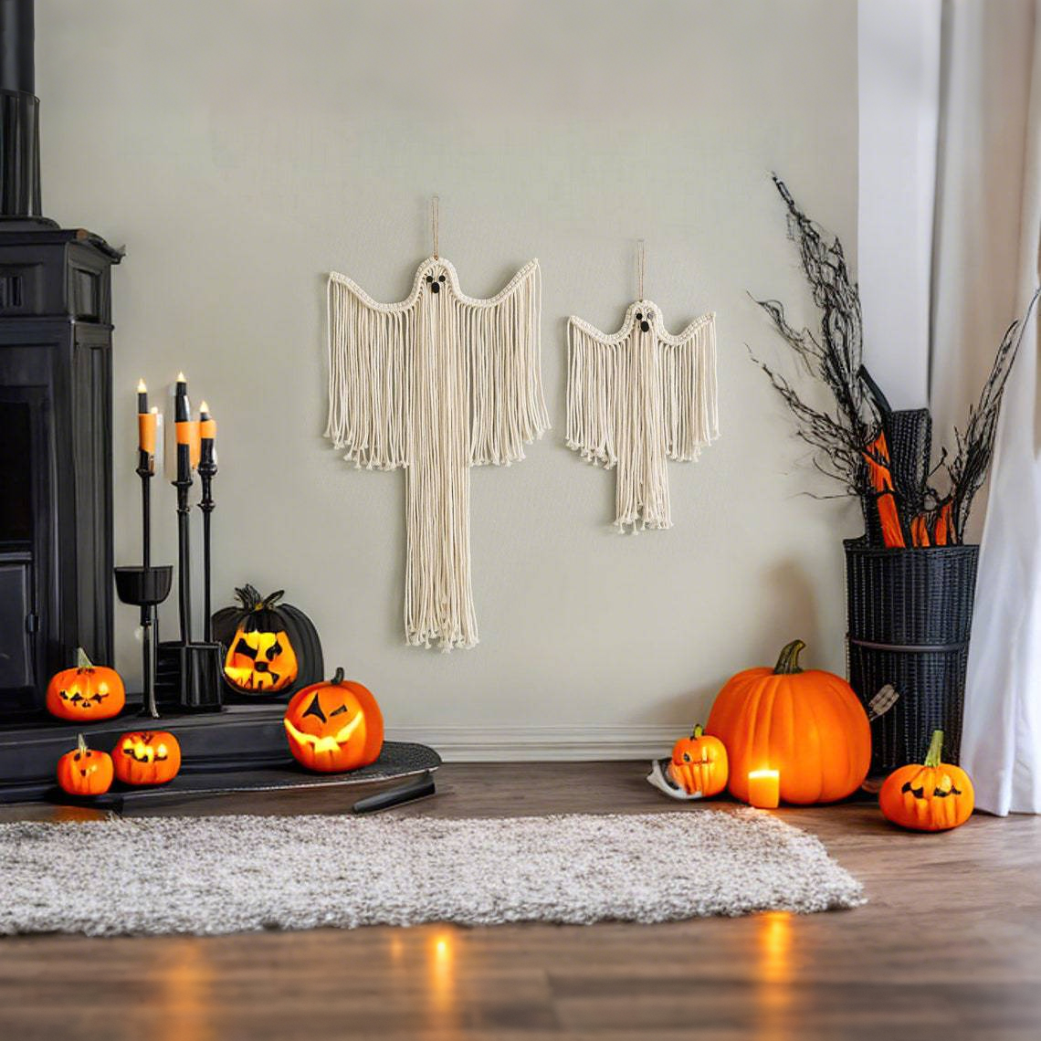 Handmade Macrame Ghost Wall Hanging Halloween Decoration in 2 Sizes Spooky Cute Cotton Rope Boho Style Party Home Wall Décor