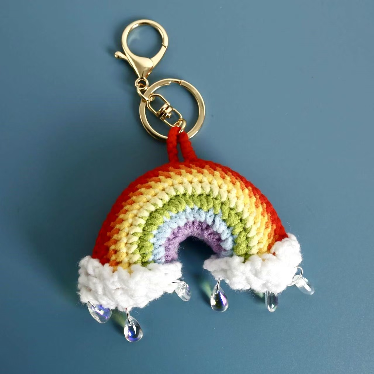 Vibrant Handmade Rainbow Raindrop Keychain, Colorful Crochet Charm with Transparent Bead Droplets, Whimsical Gift for Kids and Adults, 1 Unique Accessory