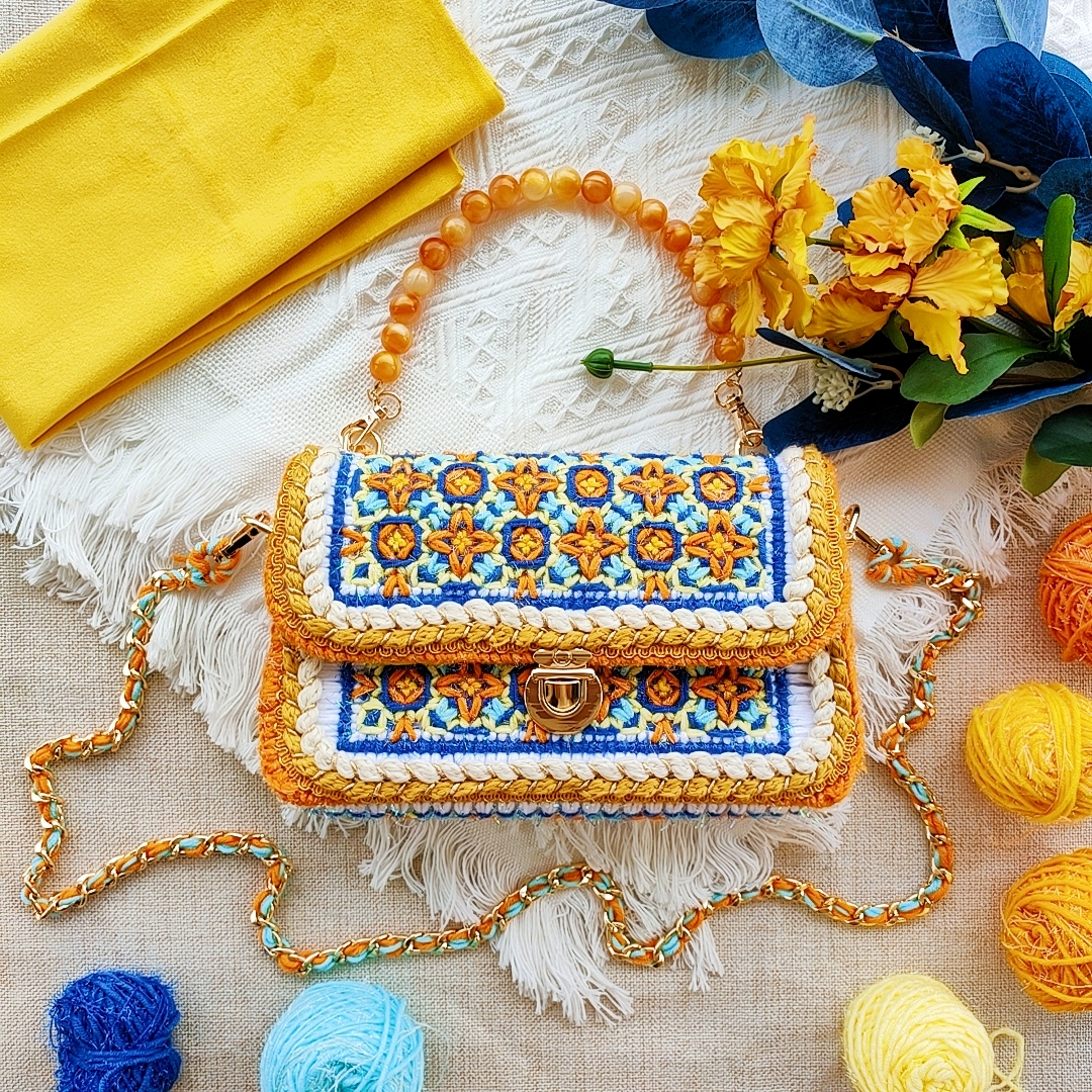 Handmade Mosaic Crochet Bag with Beaded Handle and Gold Chain | Vintage Geometric Pattern Purse | DIY Crochet Kit Option
