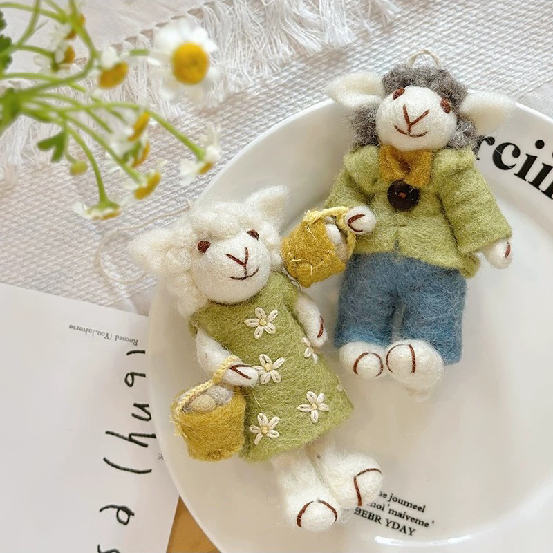 Handmade Felt Lamb Couple Charms – Adorable 3D Wool Felt Sheep with Pastoral Spring Outfits and Basket Details (Set of 2)