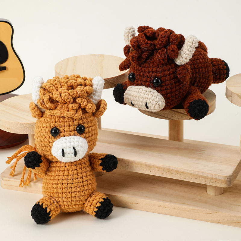 Handmade Crochet Highland Cow DIY Kit – 2 Styles (Sitting or Lying), Premium Yarn, Easy Animal Plush Crochet Set for Beginners