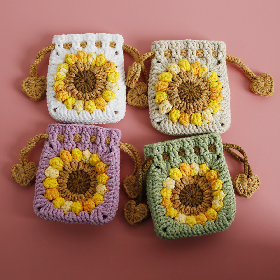 Handmade Crochet Sunflower Mini Pouch – 4 Sweet Colors, Vintage-Inspired Drawstring Coin Purse & Earphone Case Gift