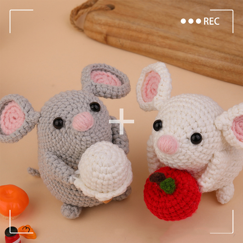 Adorable Crochet Mouse DIY Kit for Beginners – 2 Cute Yarn Plush Mice with Ice Cream and Apple, Complete Crochet Animal Craft Set