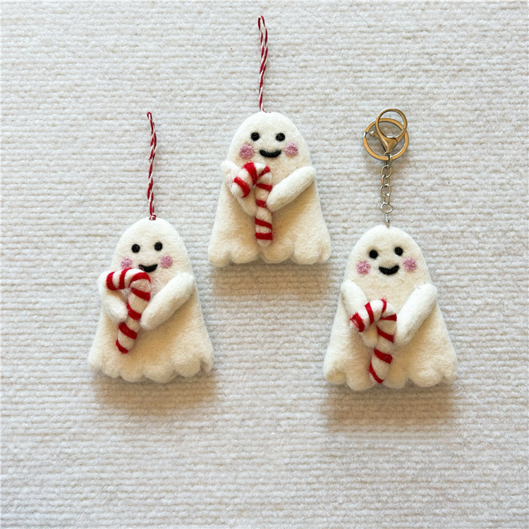 Charming Handmade Wool Felt Christmas Candy Cane Ghost Ornament – Cute Holiday Keychain with Sweet Festive Design for Joyful Gifting (1 Piece)
