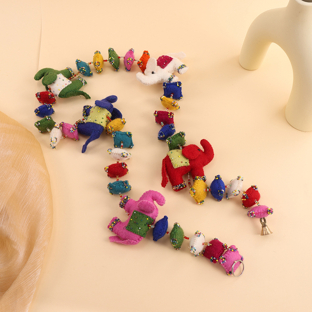 Handmade Felt Colorful Lucky Elephant Wind Chime – 5 Wool Felt Elephants with Beads & Bells, Bohemian Home Hanging Décor