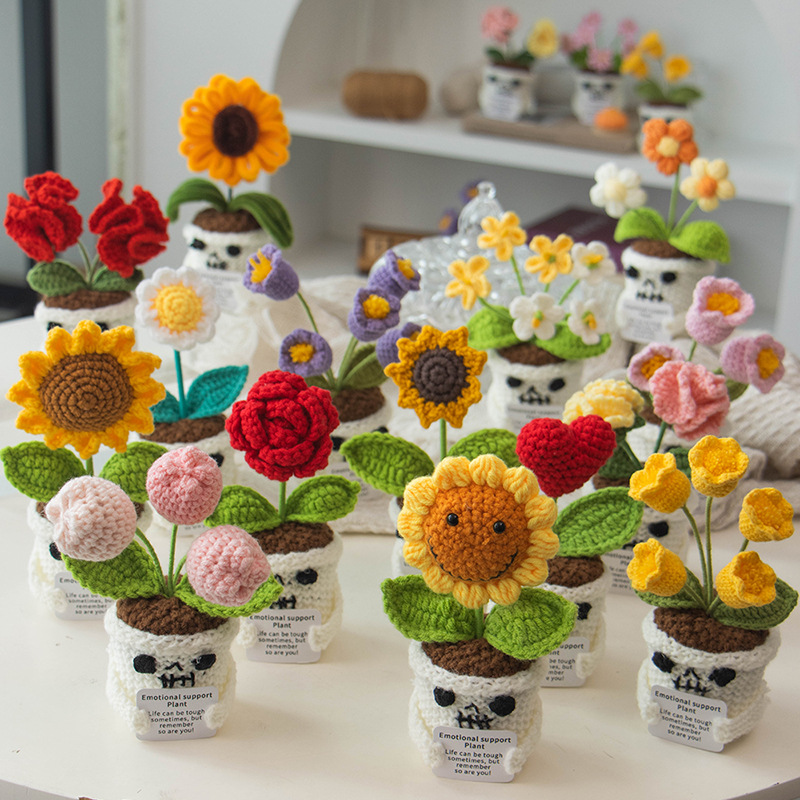 Handmade Halloween Crochet Emotional Support Plant Dolls – Powerful Gothic Cute Skull Flower Pots with Positive Quote (Set of 17)