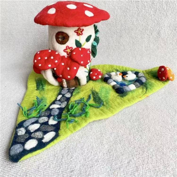 Handmade Felt Mushroom House Diorama – Whimsical Fairy Cottage Scene Wool Felt Ornament with Enchanted Forest Details