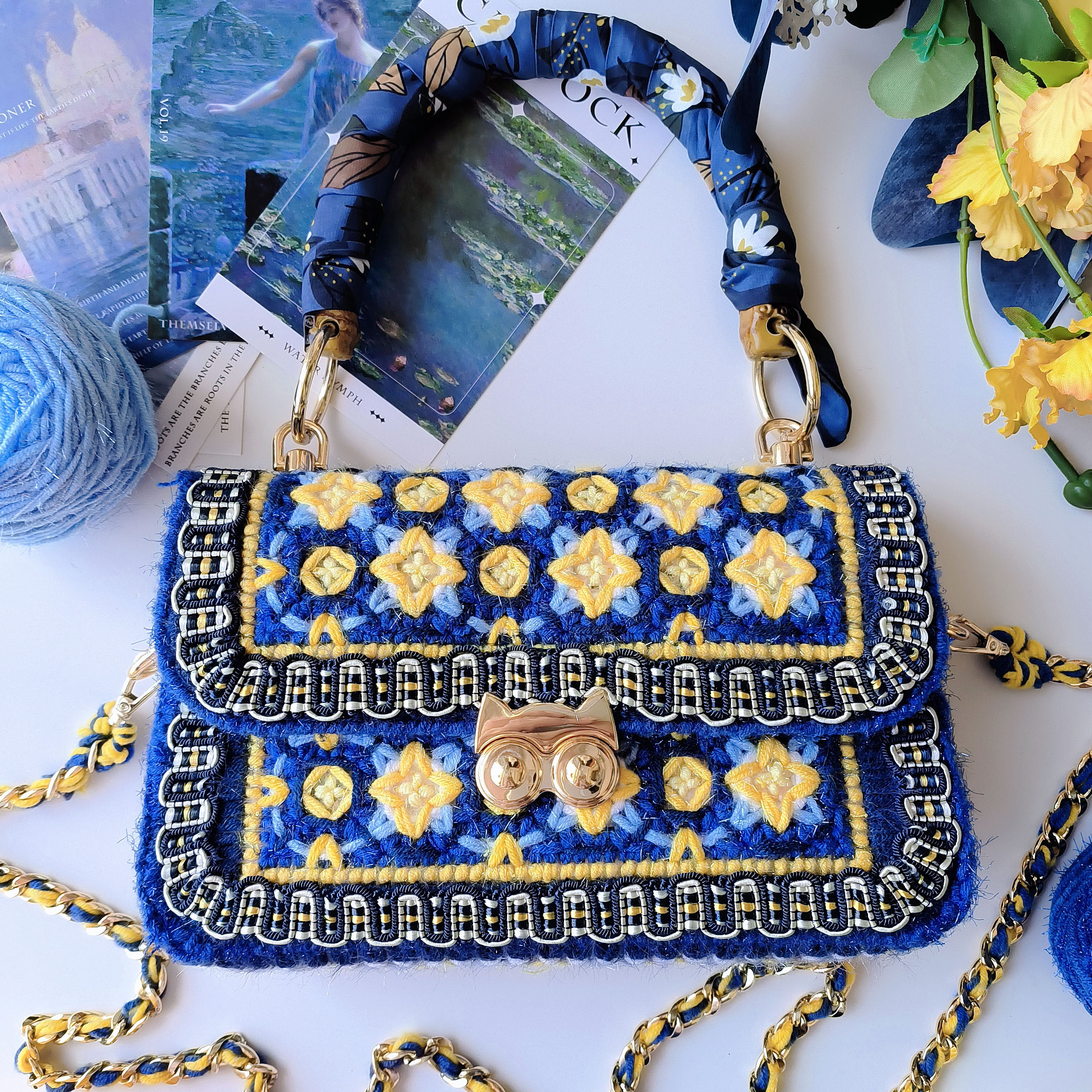 Handmade Starry Night Crochet Bag Inspired by Van Gogh, Blue and Yellow Artistic Crossbody Tote with Silk Handle and Chain Strap